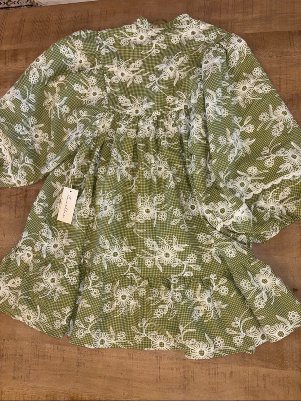 Balloon-Sleeve Floral Green Spring Summer Dress Boutique Camellia Large NWT - Picture 9 of 9